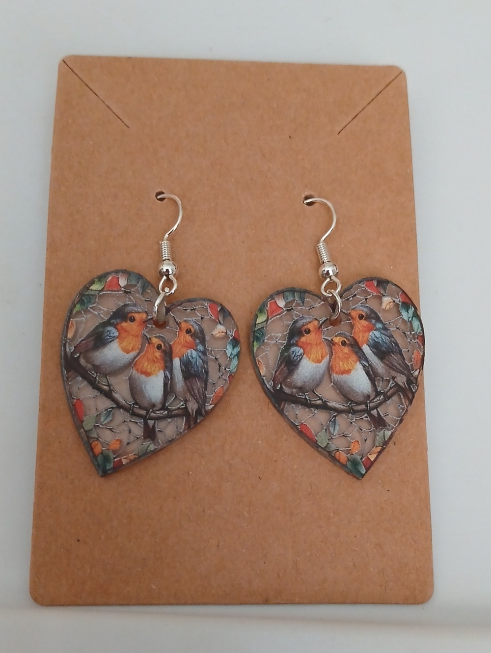 Fashion Jewelry Heart Earrings with Orange Robin Bird Motif